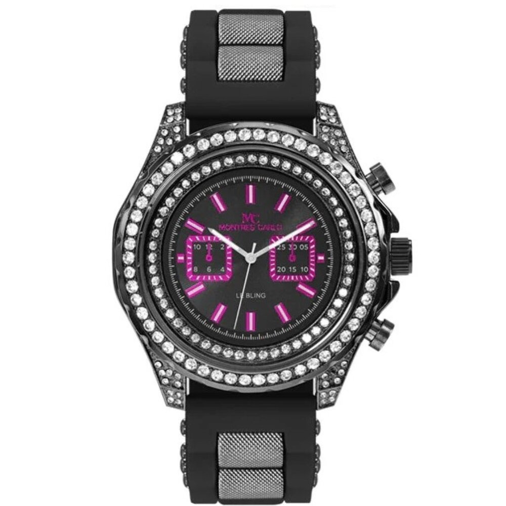 48mm Montres Carlo Men's Fashion Stones Black Sport Silicone Band Dress Watch